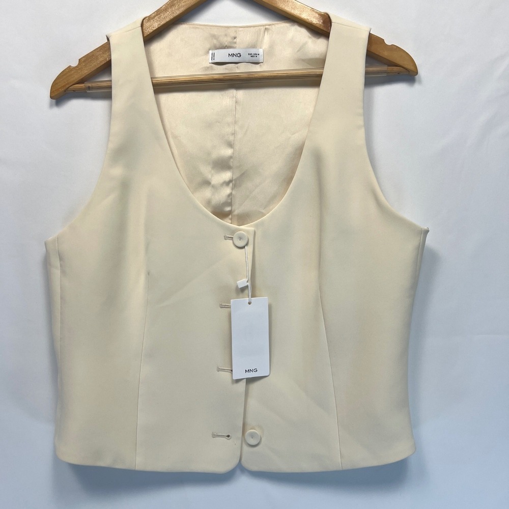 Mango MNG Iguana Waistcoat Vest Cream Button Down Women Medium NEW